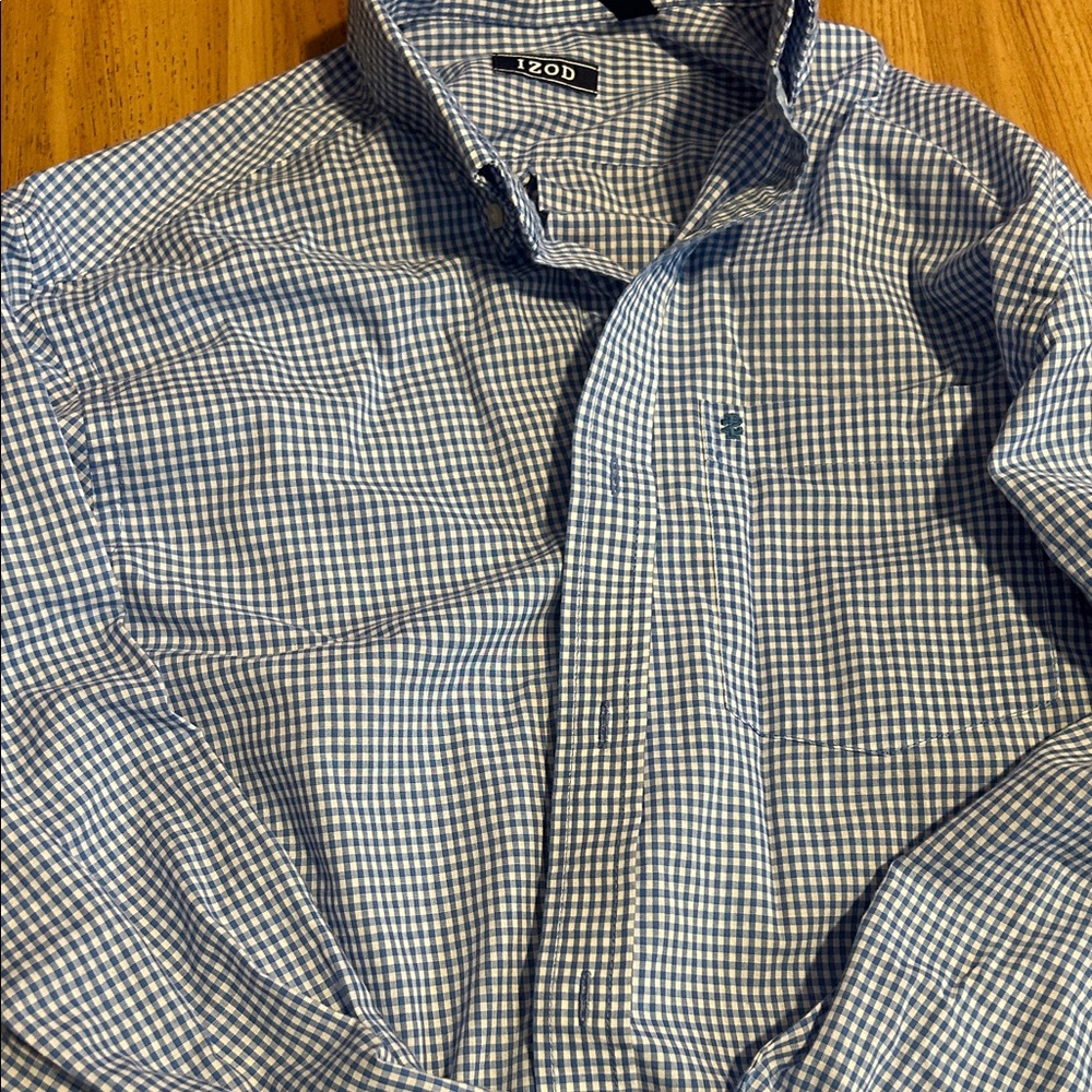 Izod Blue Gingham Shirt. Medium